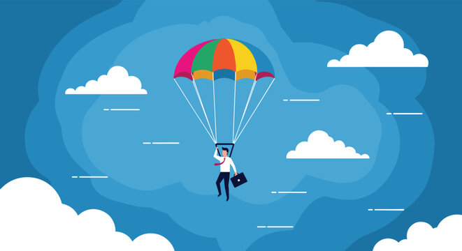 Businessman in a suit and carrying a briefcase descending from the sky using a bright colorful rainbow striped parachute.
