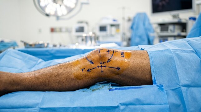 Patient knee with surgical markings prepped in operating room