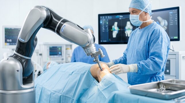 Surgeon performing robotic knee replacement surgery in modern hospital