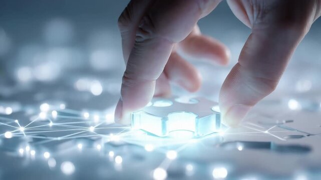 Hand placing final glowing puzzle piece, forming a complete network