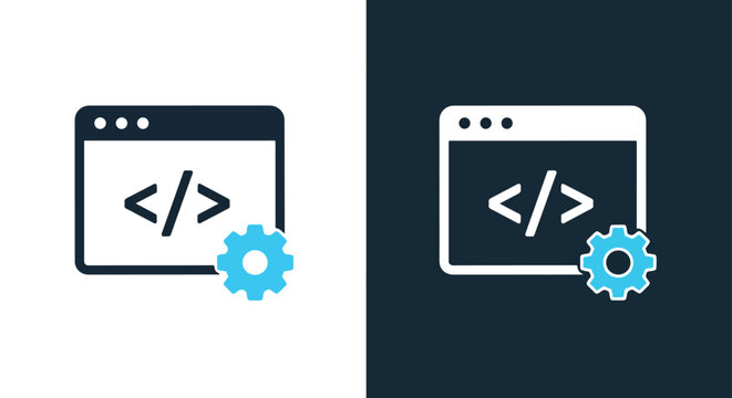 Web development code gear icon set: Clipart, sticker - icon set - Line and glyph solid icon and logo template 