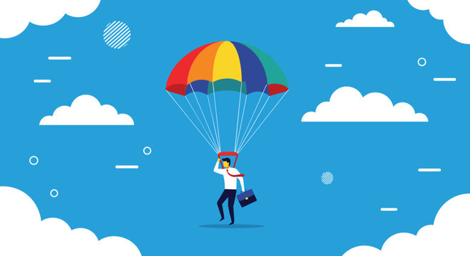 Businessman with a briefcase floating through the sky using a vibrant colorful parachute representing safety and business risk.