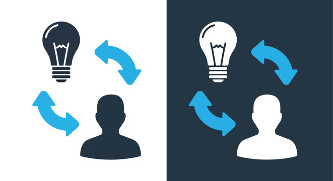 Person with lightbulb and arrows: Clipart, sticker - icon set - Line and glyph solid icon and logo template 