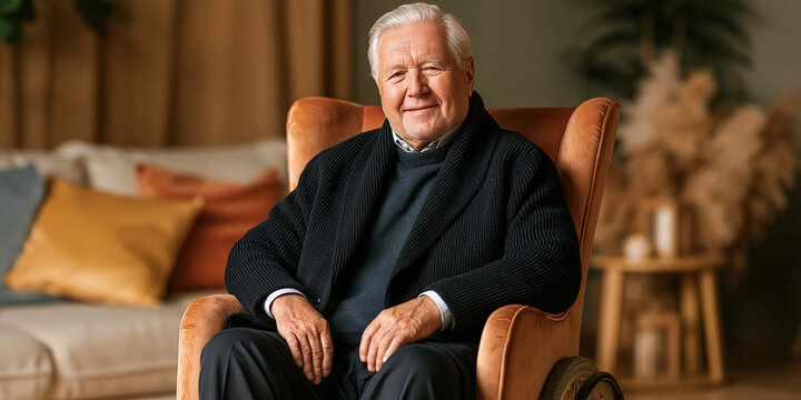 An elegant elderly man is seated in a plush armchair, exuding warmth and contentment. His dignified presence and gentle smile create an inviting atmosphere.
