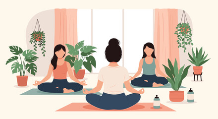 Fototapeta premium Group of women practicing yoga and meditation in a serene indoor space surrounded by various lush green house plants.