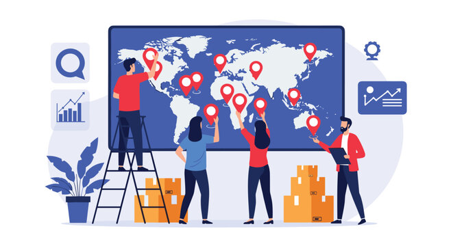 Diverse team of people collaborating to place red location pins on a large global map for international logistics planning.