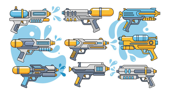 Assorted collection of colorful toy water guns and blasters with water splashes in a playful graphic set.