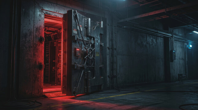 Data leak incident in secure server room with open vault door and red emergency lighting, creating tense atmosphere