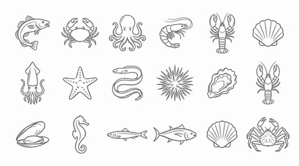 Collection of stylized line art icons representing various seafood and marine life, including fish, shellfish, and crustaceans. © handaka