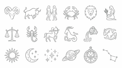 Collection of Zodiac Signs and Celestial Icons in a Simple Line Art Style. © handaka