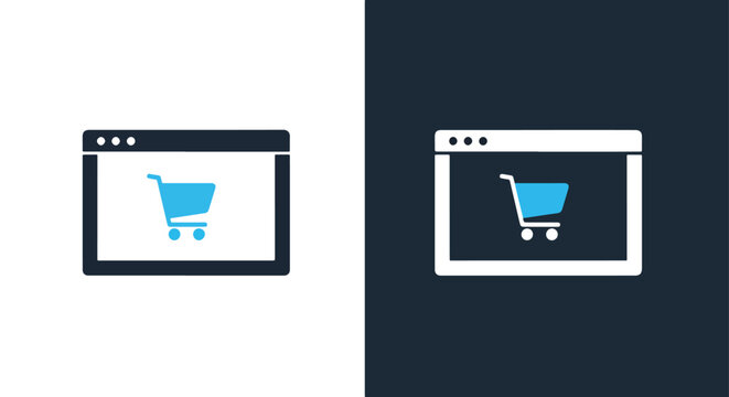 Shopping cart inside computer browser tab: Glyph and solid icon set - Icon vector - Editable line icons. Vector illustration