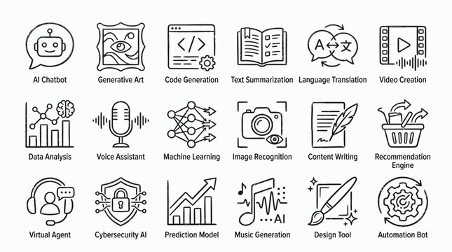 Collection of AI and Machine Learning Icons Representing Various Technologies and Applications.