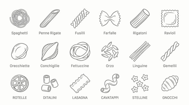 A collection of different types of Italian pasta shapes, illustrated in a simple line drawing style.