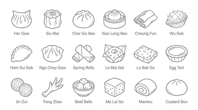 Collection of various Chinese dim sum dishes and snacks in a simple line art illustration style.