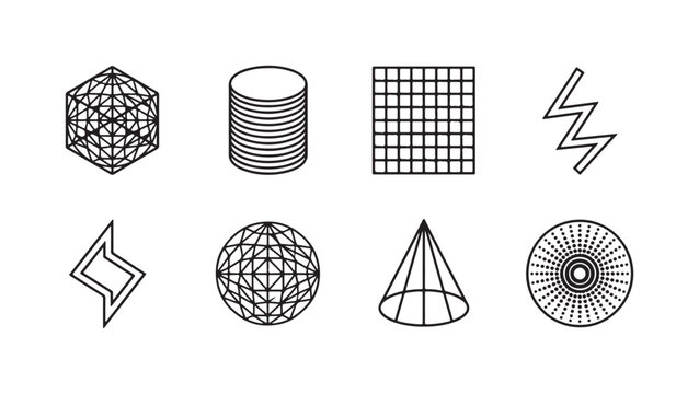 Set of eight complex geometric line art icons, including a 3D cube, stacked cylinders, grid, lightning bolt, faceted sphere, cone, and radial dotted pattern.