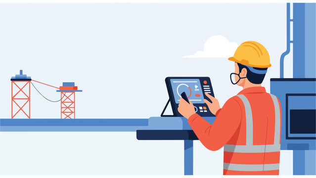 Industrial worker using tablet on construction site with oil rig