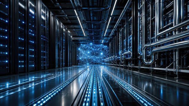 Enterprise Data Pipeline In Futuristic Server Room