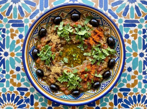 Authentic Moroccan Zaalouk salad served in a vibrant patterned ceramic bowl. This traditional cooked dip features mashed roasted eggplant and tomatoes, seasoned with cumin and paprika.