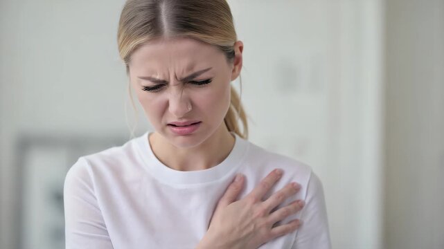Young caucasian woman touching her chest and feeling pain in heart. Healthcare and medicine