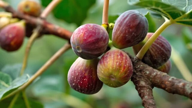 Multiple purple figs developing on a tree branch with green leaves outdoors