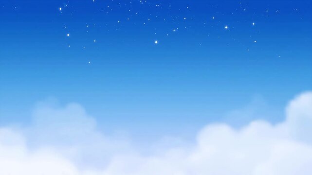 Bright blue sky with fluffy white clouds and sparkling stars.