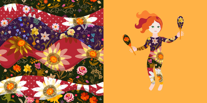 Beautiful gymnast girl with gymnastic maces and colorful patchwork print for training suit.