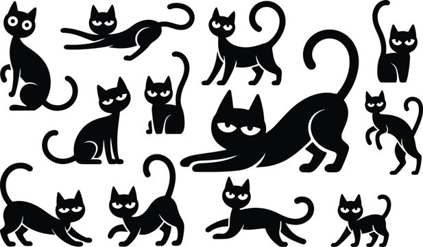Spooky Halloween Black Cat Silhouette Vector Illustration Collection, Modern Gothic Feline Mascot Set, Whimsical Autumn Holiday Graphic Elements.