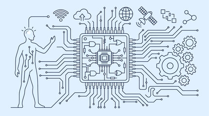 Obraz premium Microchip integrates with human physiology to represent the future of advanced cybernetic technology and digital connectivity.