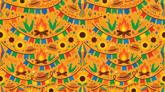 Festive brazilian june festival pattern with bonfire and corn