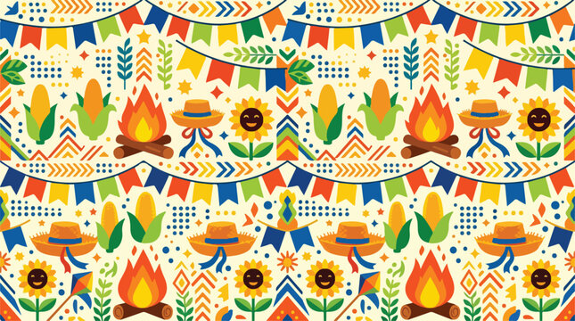 Colorful festa junina festive pattern with corn bonfire and flags