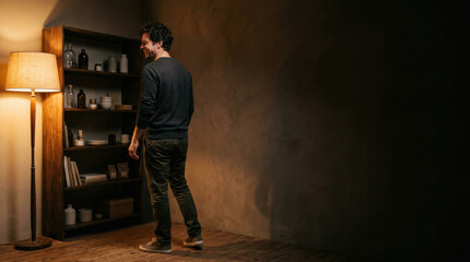 Fototapeta premium Sme small business man standing by shelf in warm room