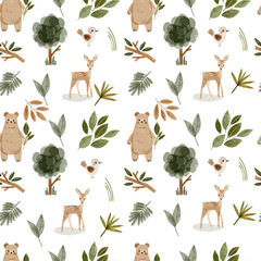 Naklejka premium Woodland Forest Animal Seamless Pattern with Bears, Deer, Trees and Leaves, Watercolor Nursery Background