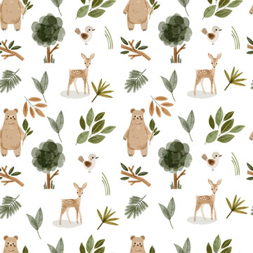 Woodland Forest Animal Seamless Pattern with Bears, Deer, Trees and Leaves, Watercolor Nursery Background