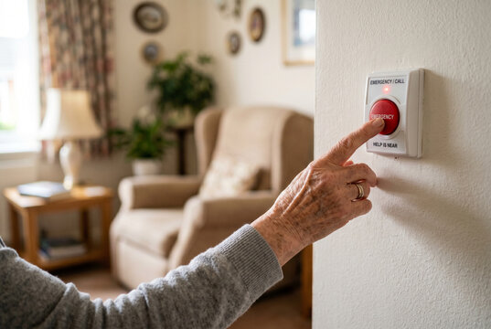 Elderly Hand Pressing Emergency Call Button in Living Room