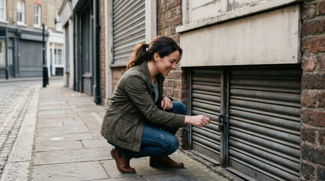 Small business woman opening shop shutter on quiet street