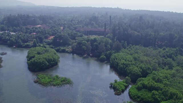 Aerial view of Honnavar mangrove landscapes with waterways and lush green surroundings scenery