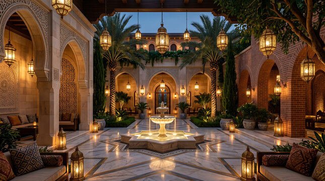 Luxurious Islamic courtyard at dusk with ornate architecture and warm ambient lighting