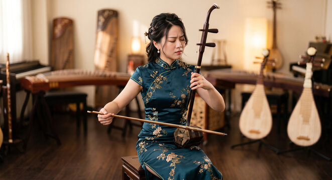 A studio photograph of a young woman in modern Chinese dress playing the Erhu with emotional intensity. She is seated, holding the Erhu correctly with the hexagonal snake-skin drum on her left leg. 