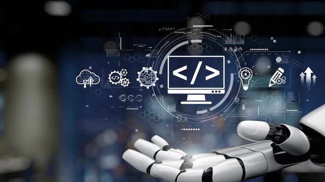 A sleek robotic hand presents a high-tech digital interface with coding symbols and analytics, representing the future of programming and automation in technology. Synapse