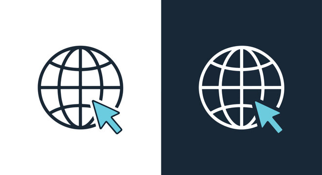Globe with cursor arrow icon set: Glyph and solid icon set - Icon vector - logo icons. Blue, Black and white icons