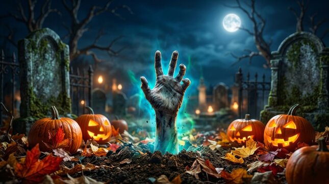 Zombie hand reaching out from grave with glowing crystals in an eerie graveyard under a crescent moon
