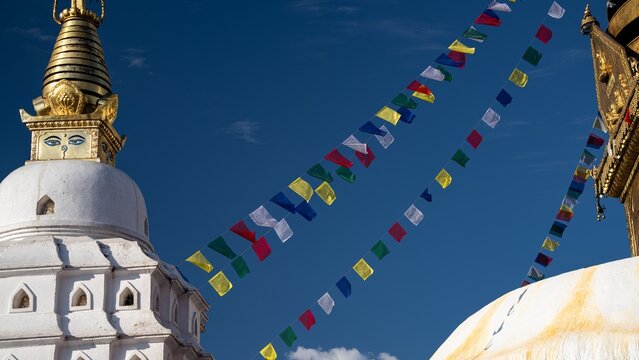 Prayer flags fluttering in the wind, Buddhist temple