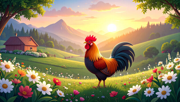 the image presents a vibrant, colorful scene set in a lush meadow at what appears to be sunrise