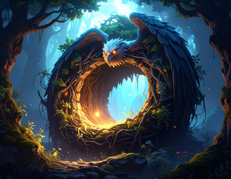 the image depicts a magical forest scene with a large bird shaped structure made of twisted roots and vines dominating the view