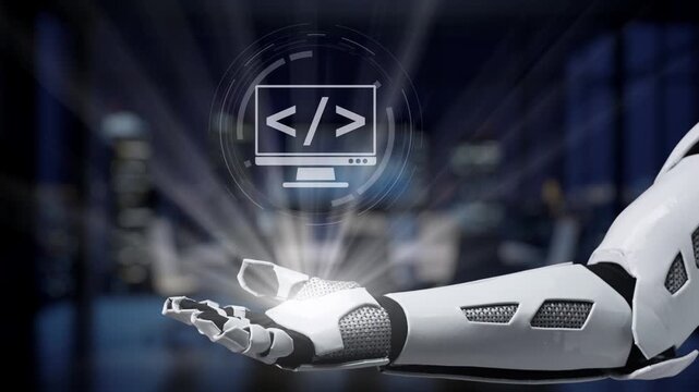 A striking image of a robotic arm interacting with digital icons that represent coding and technology in a modern workspace, illustrating the future of innovation. Synapse