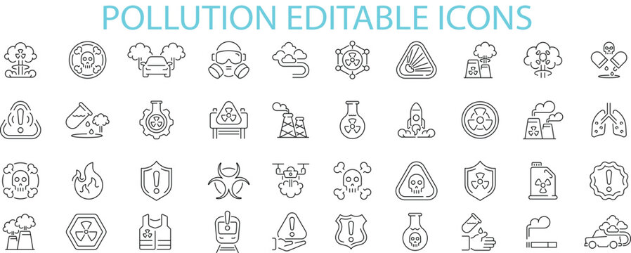 Pollution vector icons. Toxic waste chemical and nuclear radiation outline signs set. Line pack