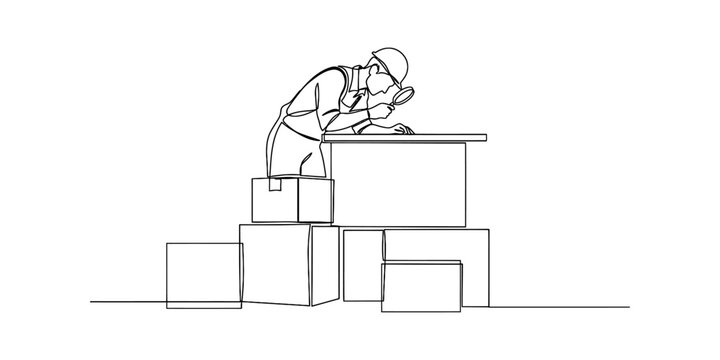 Worker in hard hat inspecting boxes with magnifying glass, single line drawing