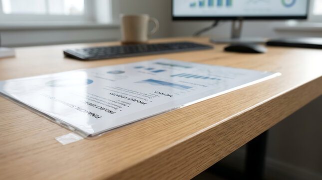 Business analysis document with charts and graphs on a wooden office desk with computer monitor and keyboard