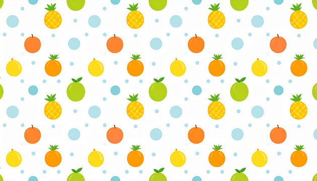 a repeating pattern featuring a variety of colorful fruits such as bananas, pineapples, and oranges against a white background