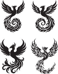 Fototapeta premium Vector set of tattoo wings phoenix design elements featuring tribal floral patterns, birds, butterflies, phoenix, leaves, ornaments and black silhouette style art set